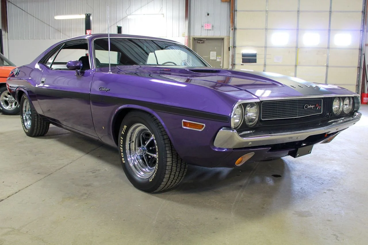 1970 Dodge Challenger in purple, stock 2035, complete vehicle in the supplied showroom photograph